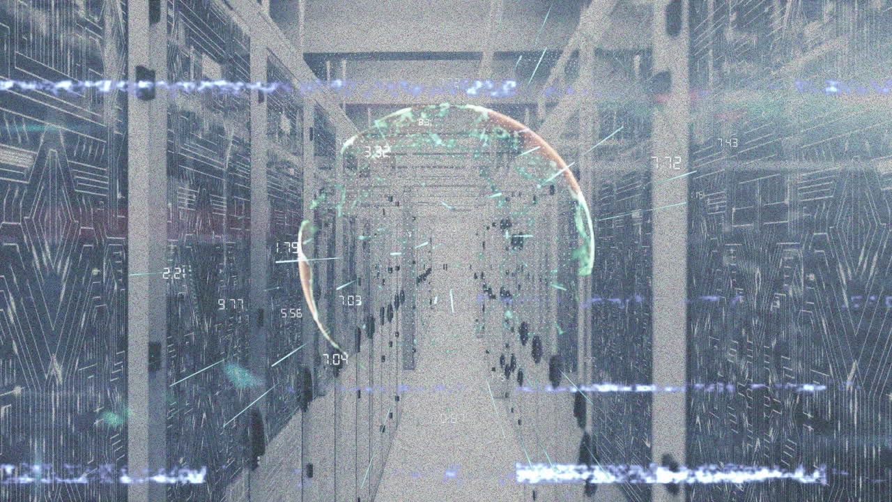 파란색 배경에 데이터 처리를 통해 녹색 모양과 아이콘의 애니메이션