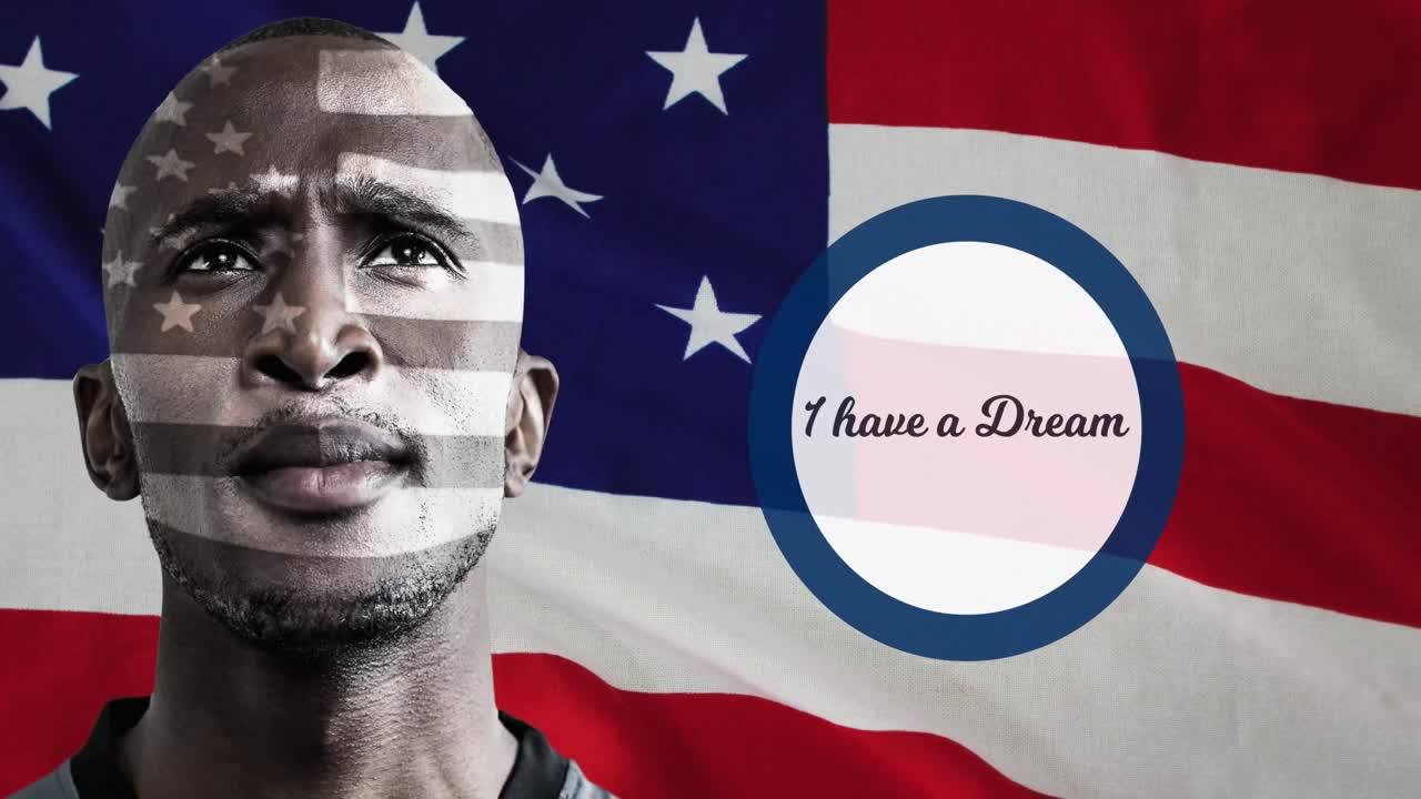 I have a dream text banner and american flag design over africn american male athlete's face