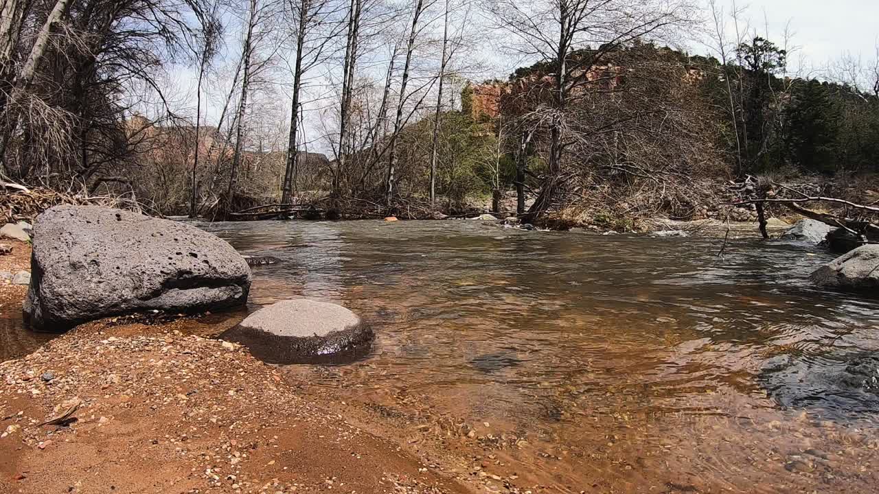 The clean clear waters of Oak Creek lap against the rocks and banks along the edge of the creek, Sedona, Arizona.