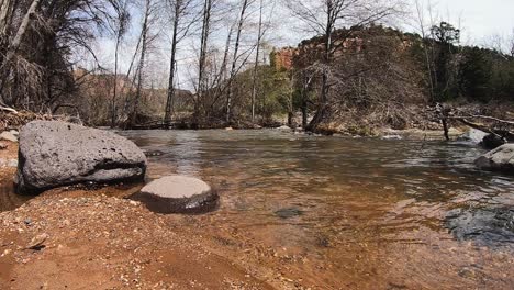 the clean clear waters of oak creek lap against the rocks and banks along the edge of the creek, sedona, arizona.