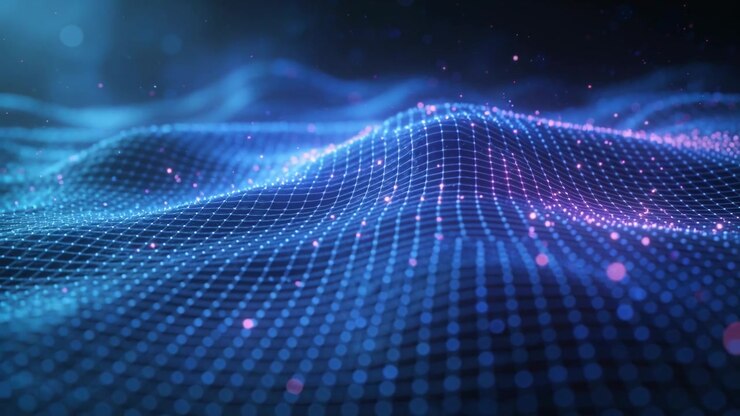 Undulating wireframe mesh wave in void as camera pushing forward revealing crest, pink blue nodes