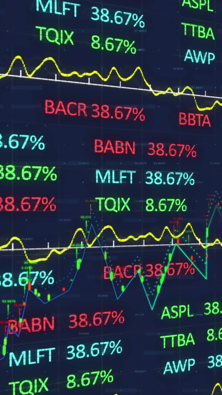 Animazione dell’elaborazione di dati finanziari e del mercato azionario su sfondo blu