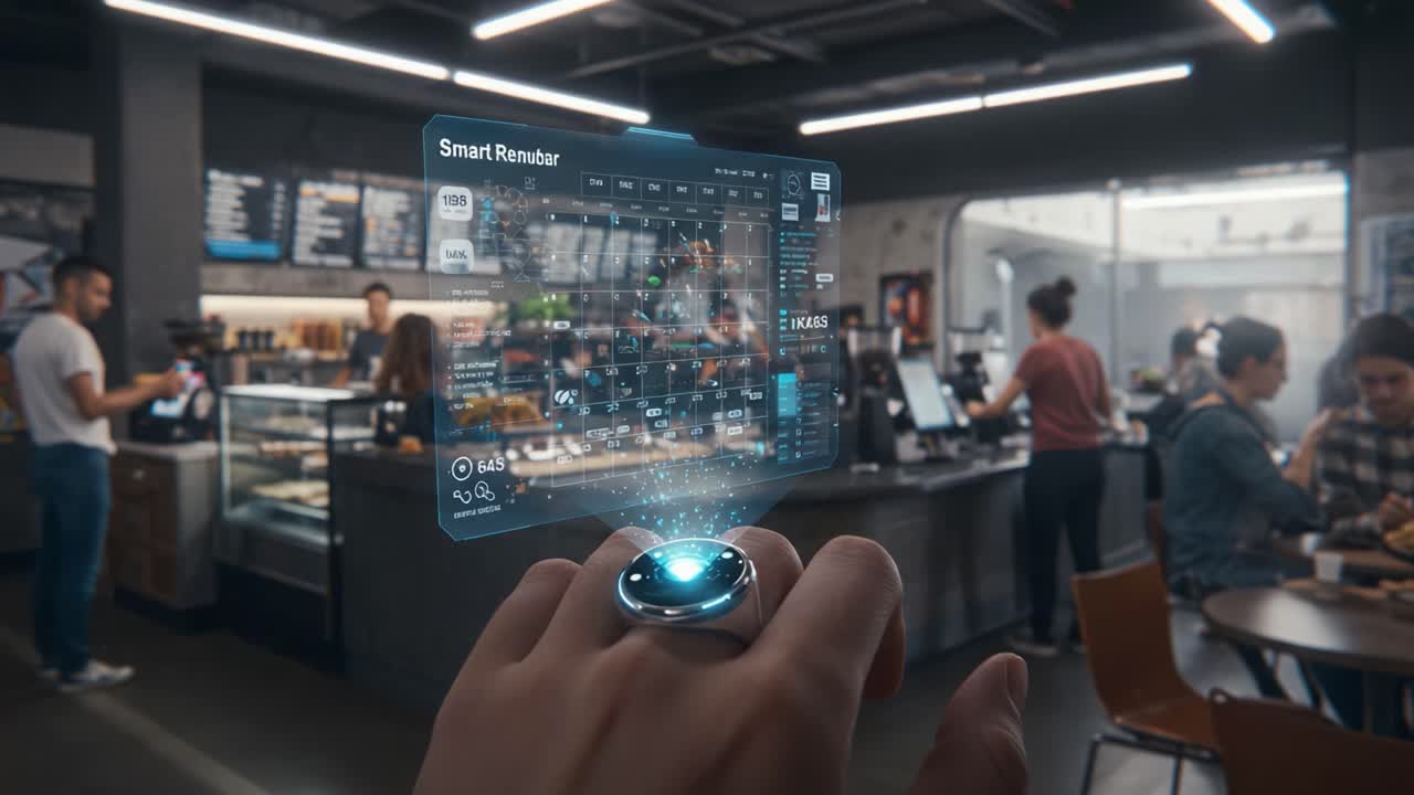 Exploring the Future of Smart Technology: A Glimpse into Augmented Reality Interfaces in a Cafe Environment with Innovative Wearable Devices