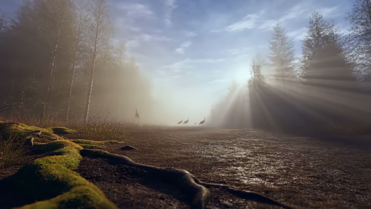 Misty Forest Path with Silhouetted Birds and Sunbeams
