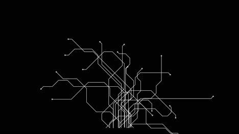 animation of white lines making a circuit, process of lightning up micro processing unit or making a scheme of subway metro map