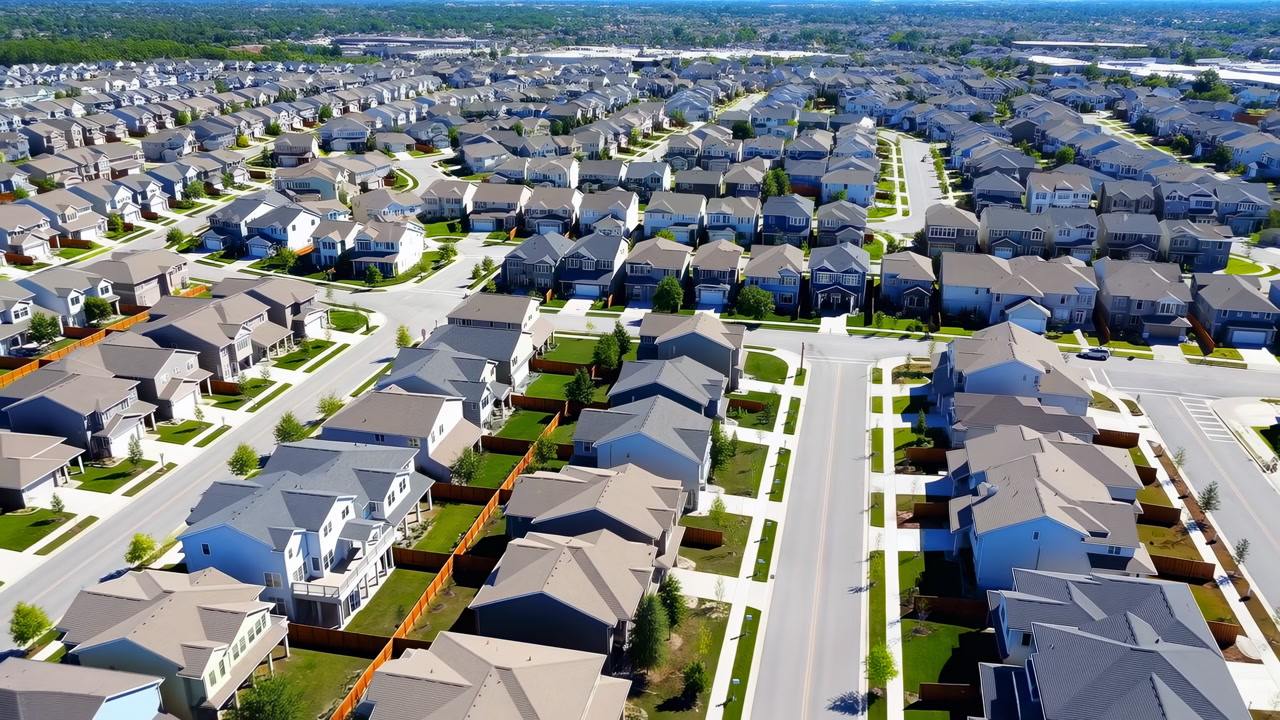 Aerial View Modern Suburban Neighborhood Rows Showcasing Grid Streets, Single Family Houses, Manicured Lawns,