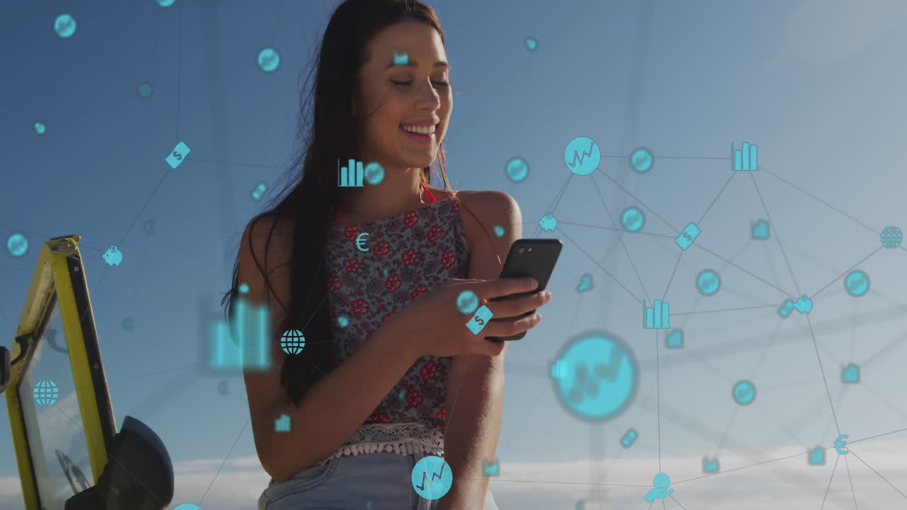 animación de una red de conexiones a través de una mujer caucásica usando un teléfono inteligente