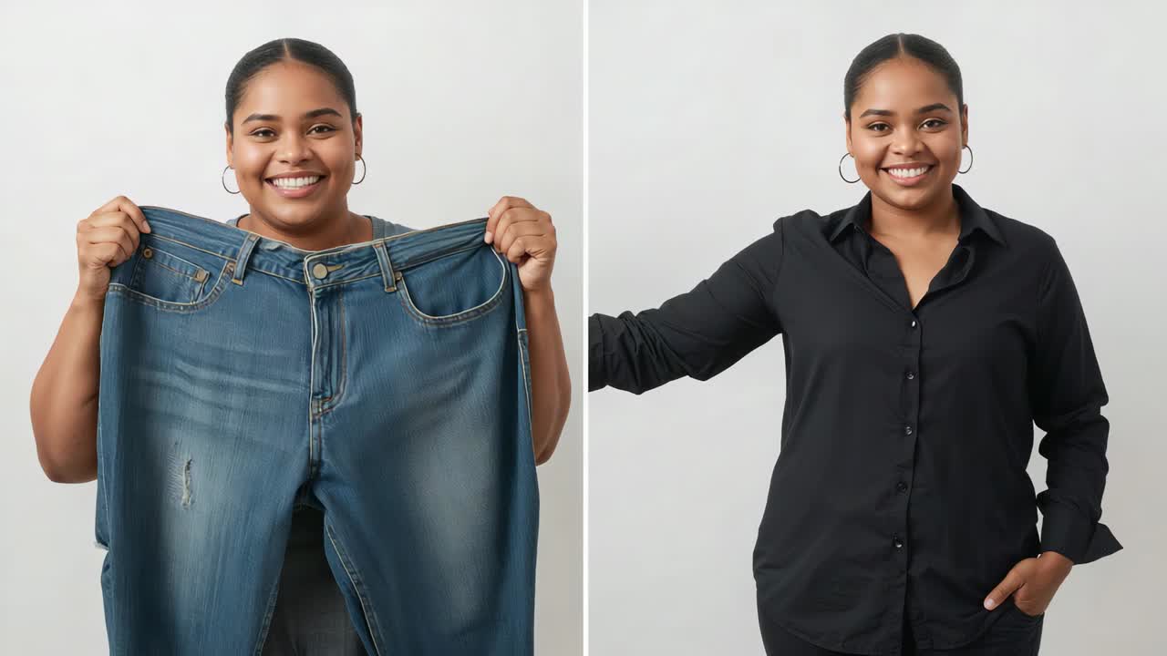 Lowering jeans, dual-panel woman showing fitted teal Vneck top, comparing black shirt in studio