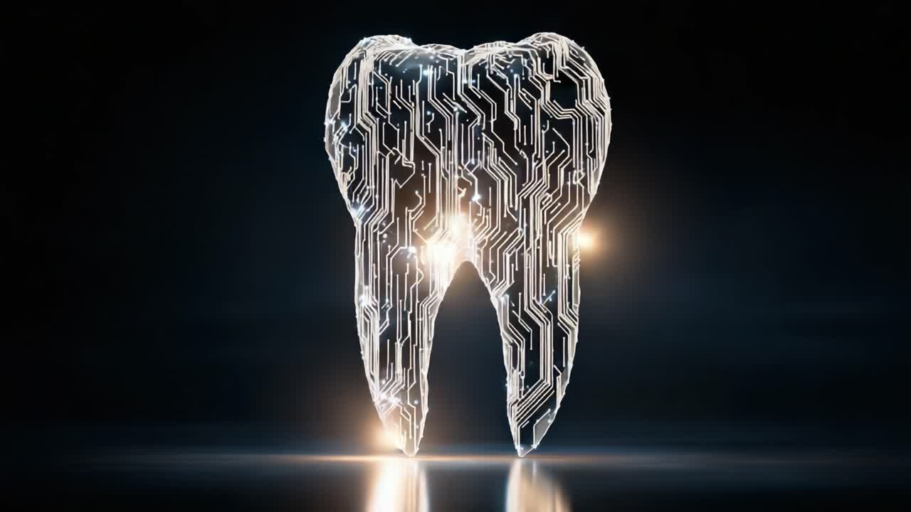 Exploring the Future of Dentistry: A Transparent Digital Tooth Model Illuminated with Circuit Patterns and Symbolizing Technological Innovation in Oral Health