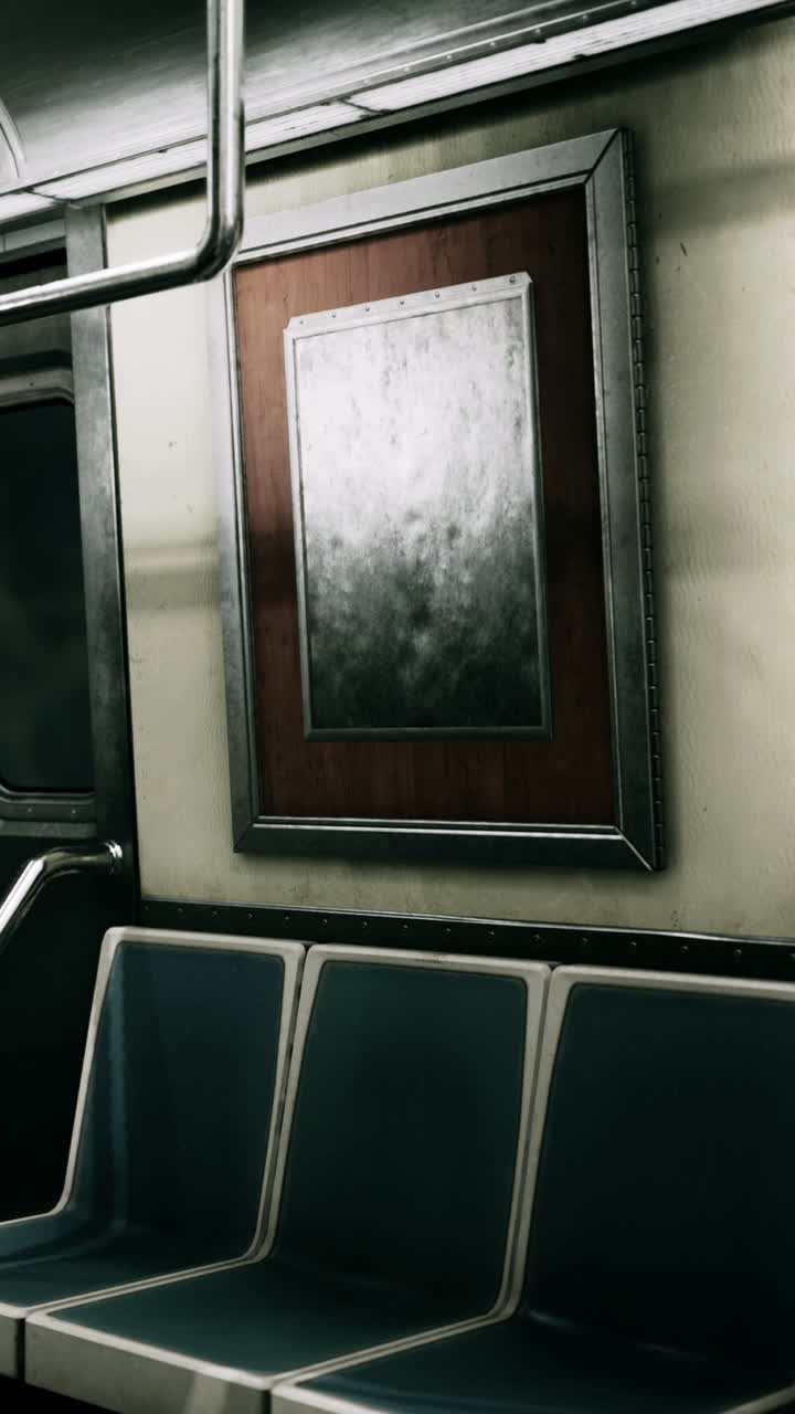 Vagone della metropolitana vuoto con sedili e un pannello metallico