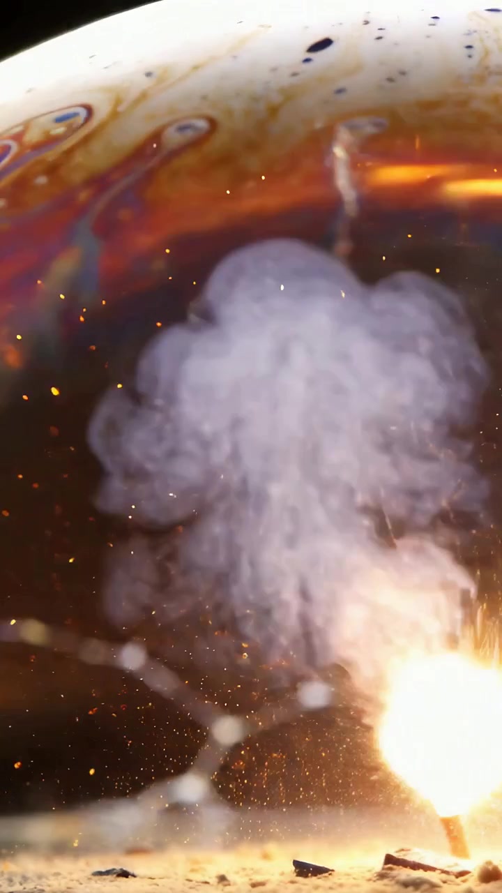 Vertical video: Igniting faint embers, ground fountain sending sparks and smoke below rainbow film