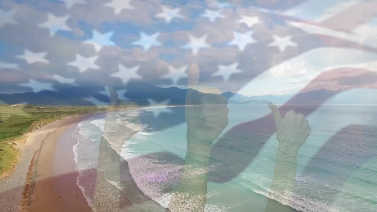 анимация флага сша, поднимающегося над руками в хорошем жесте над пляжным пейзажем
