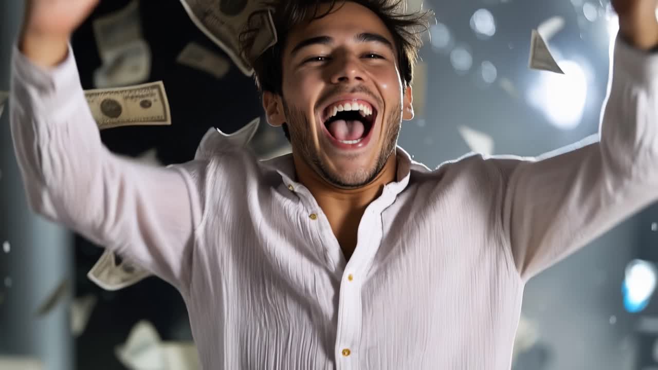 Jovem Ri Alegremente Enquanto Dinheiro Chove ao Seu Redor. Ele Levanta os Punhos em Celebração, Olhos Fechados em Puro Deleite. Luzes Brilhantes Piscam Atrás Dele, Enfatizando Sua Expressão Extasiada