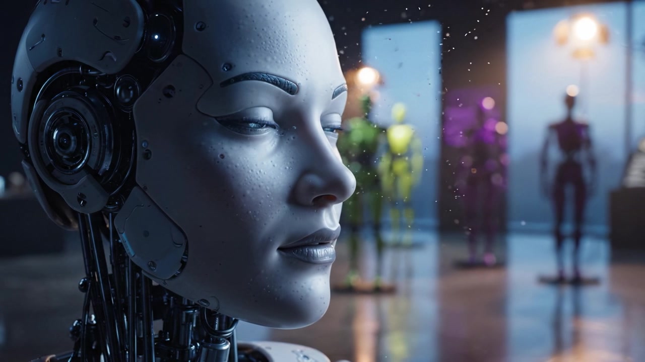 Primo Piano Robot Futuristico: Uno Splendido Ritratto ad Alta Definizione di un Androide Umanoide Rivolto verso la Telecamera, Circondato da Altri Robot in un Moderno Studio.