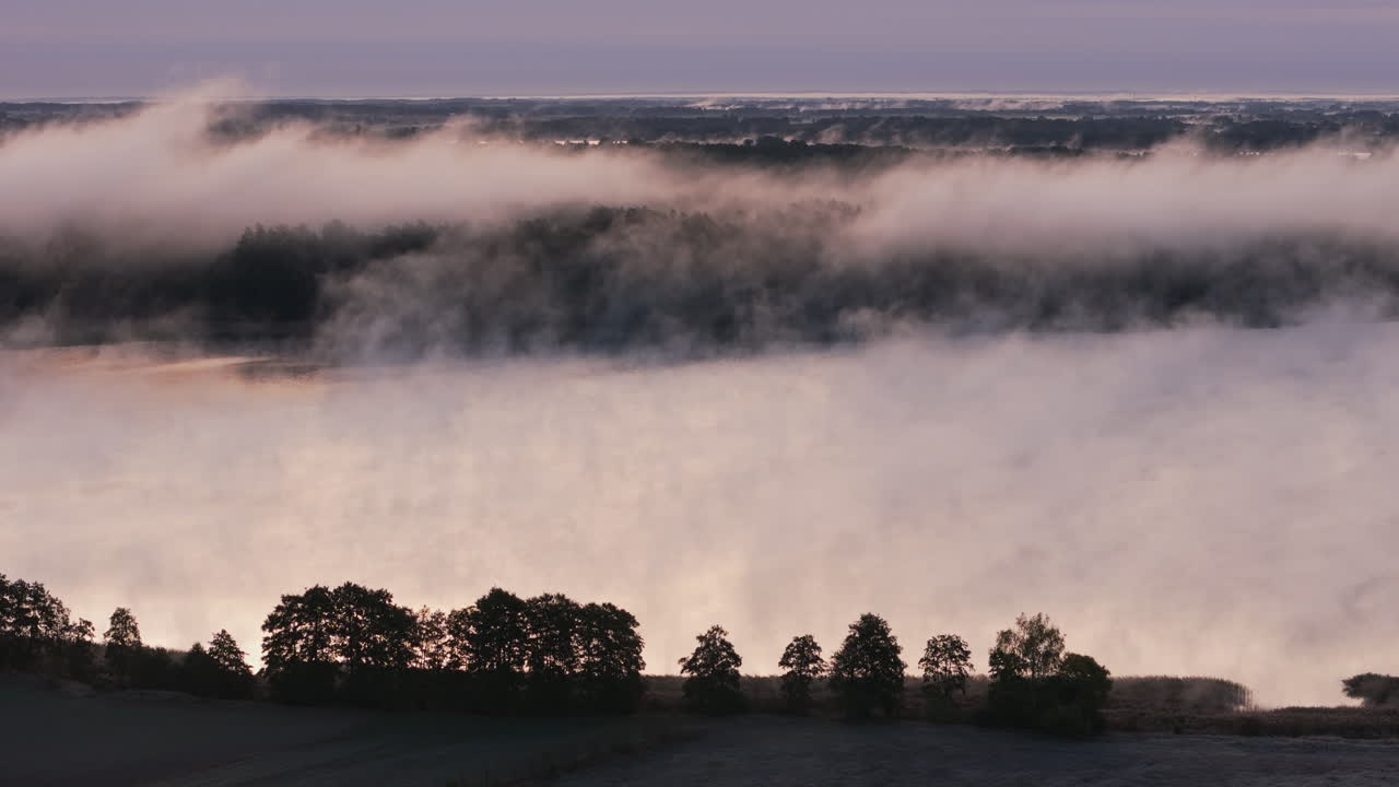 호수 와 숲 위 에 안개 가 가득 한 해가 뜨는 것