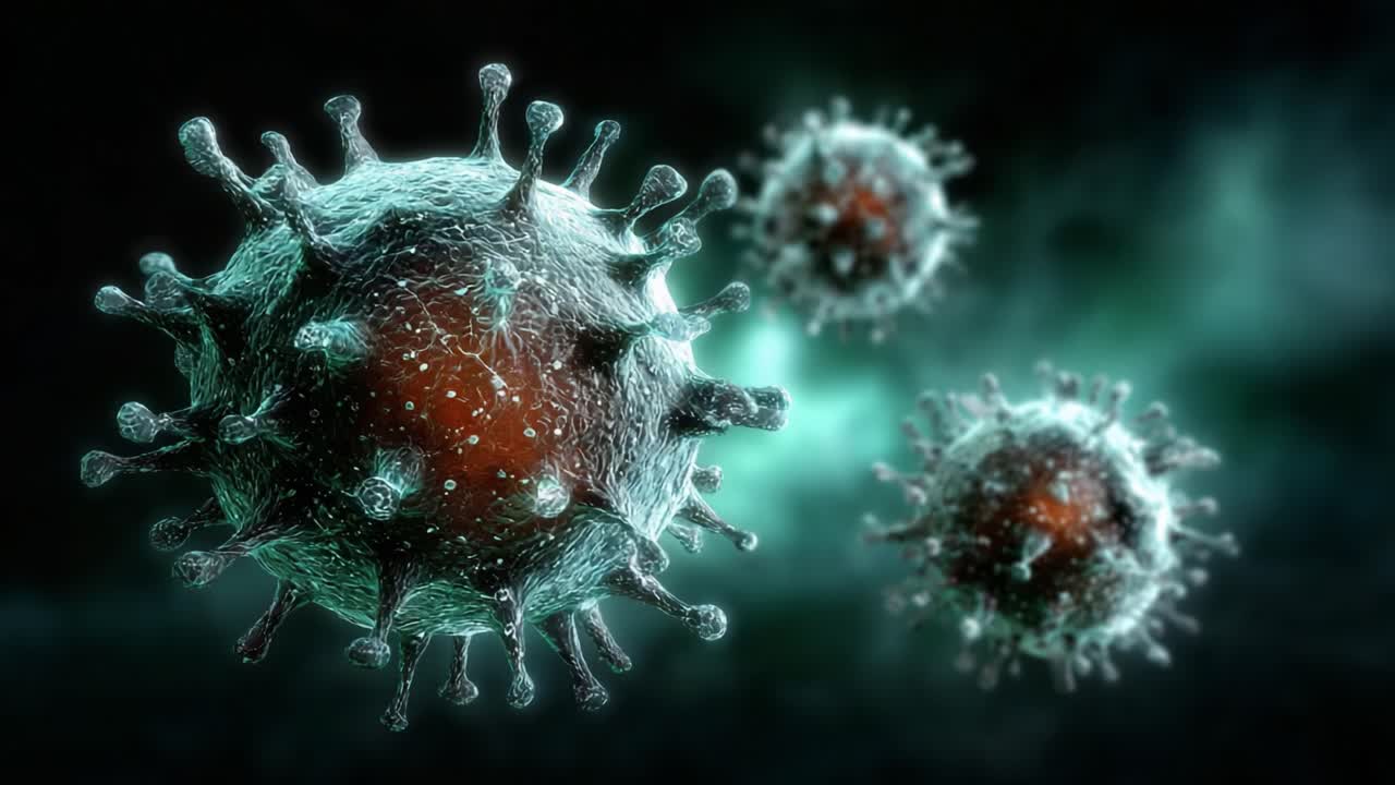 Detailed Illustration of Viruses with Spiky Protrusions and a Microscopic Perspective, Showcasing Their Structure and Complexity in a Mysterious Background