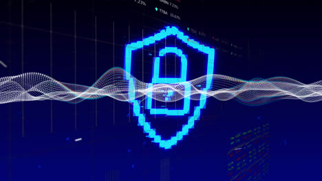 animation of waves and digital shield with padlock on navy background