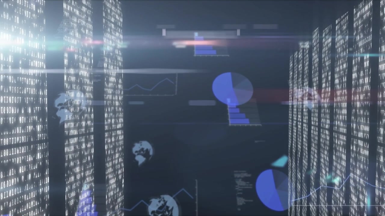 Animation of spot of light and data processing against blue background
