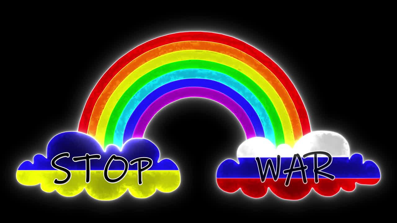 두 구름 안의 우크라이나와 러시아의 발로 구성된 애니메이션: 무지개는 두 발을 연결합니다. 나중에 우크라이나를 위해 기도하라는 텍스트가 나타납니다.