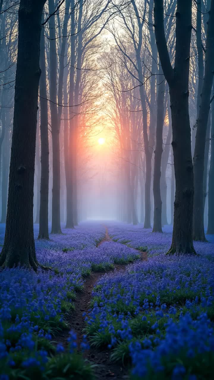 camino místico del bosque del amanecer con campanas azules