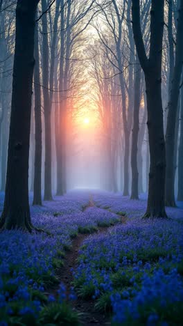 camino místico del bosque del amanecer con campanas azules
