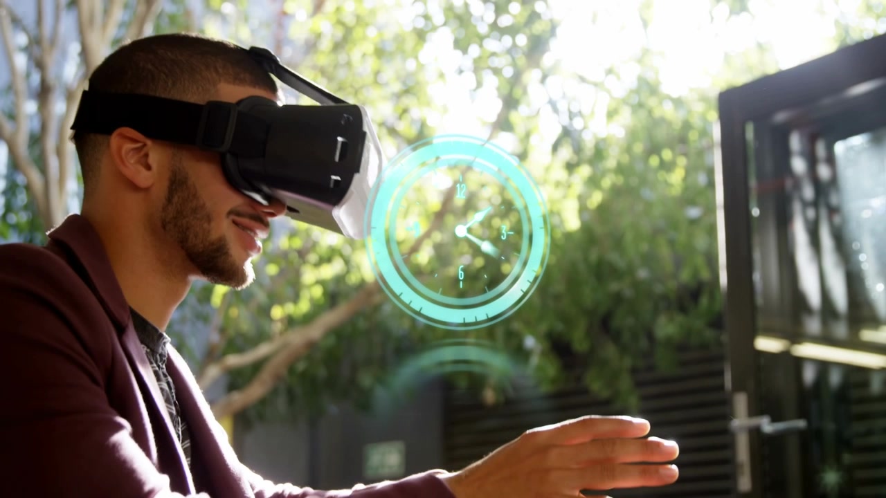 Animation of clock over caucasian businessman wearing vr headset