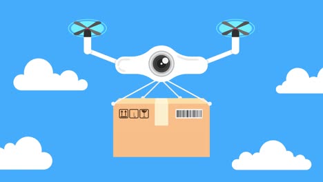 delivery drone and cardboard package in sky. loop animation. 4k resolution.