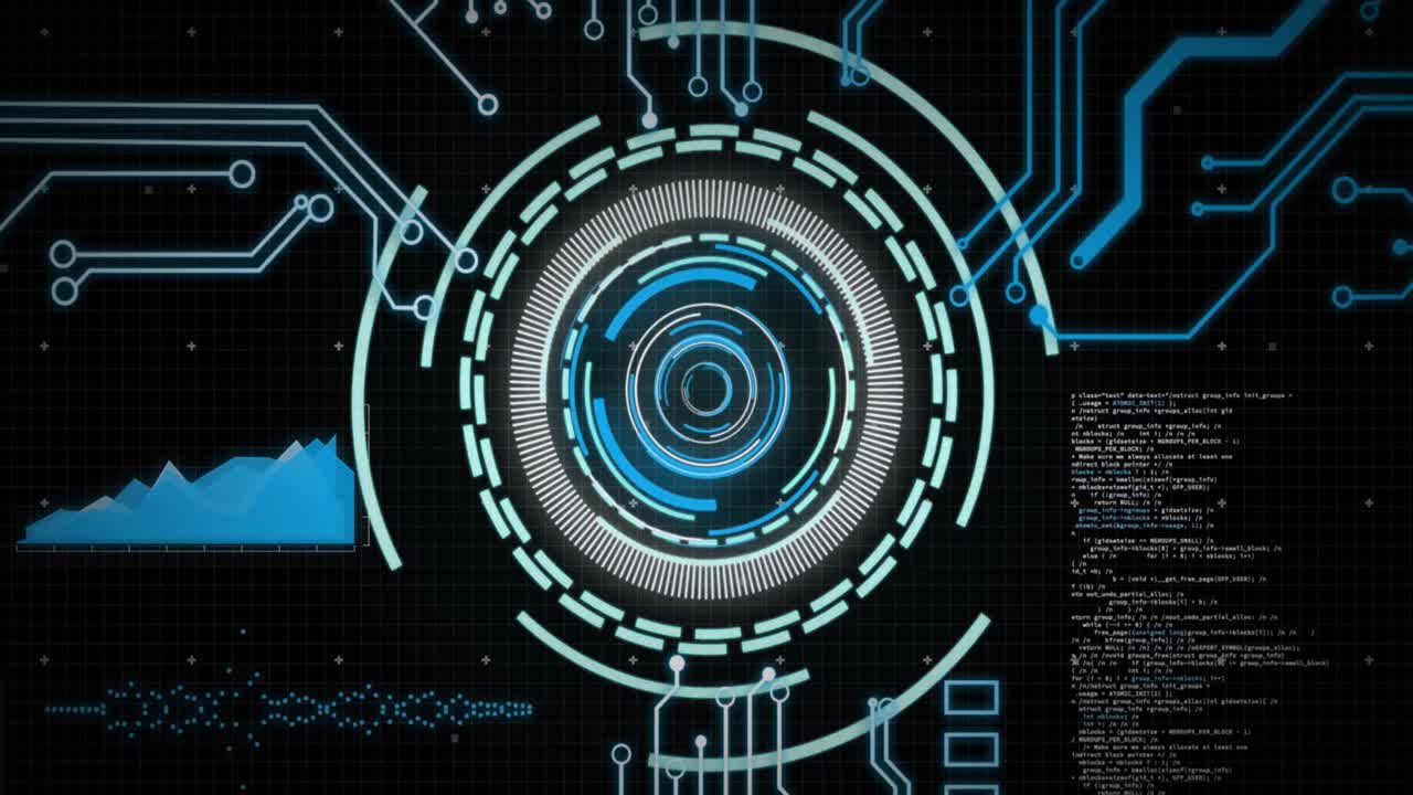 Animation of loading rings and processing data on interface over motherboard on black background