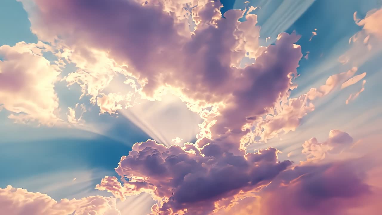 Piercing sunlight through central cloud opening in sky from low sun, lighting cumulus banks, rays