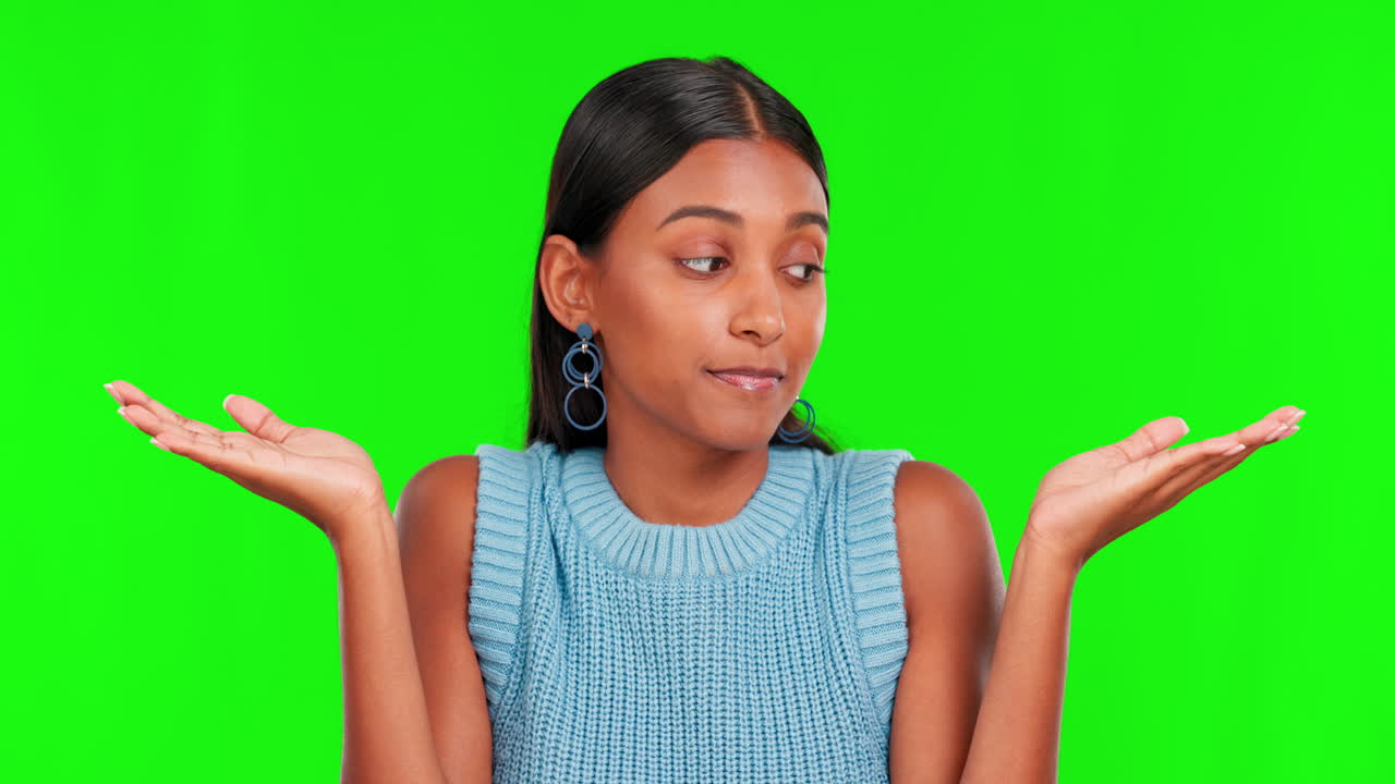 Face, confused and woman in green screen studio