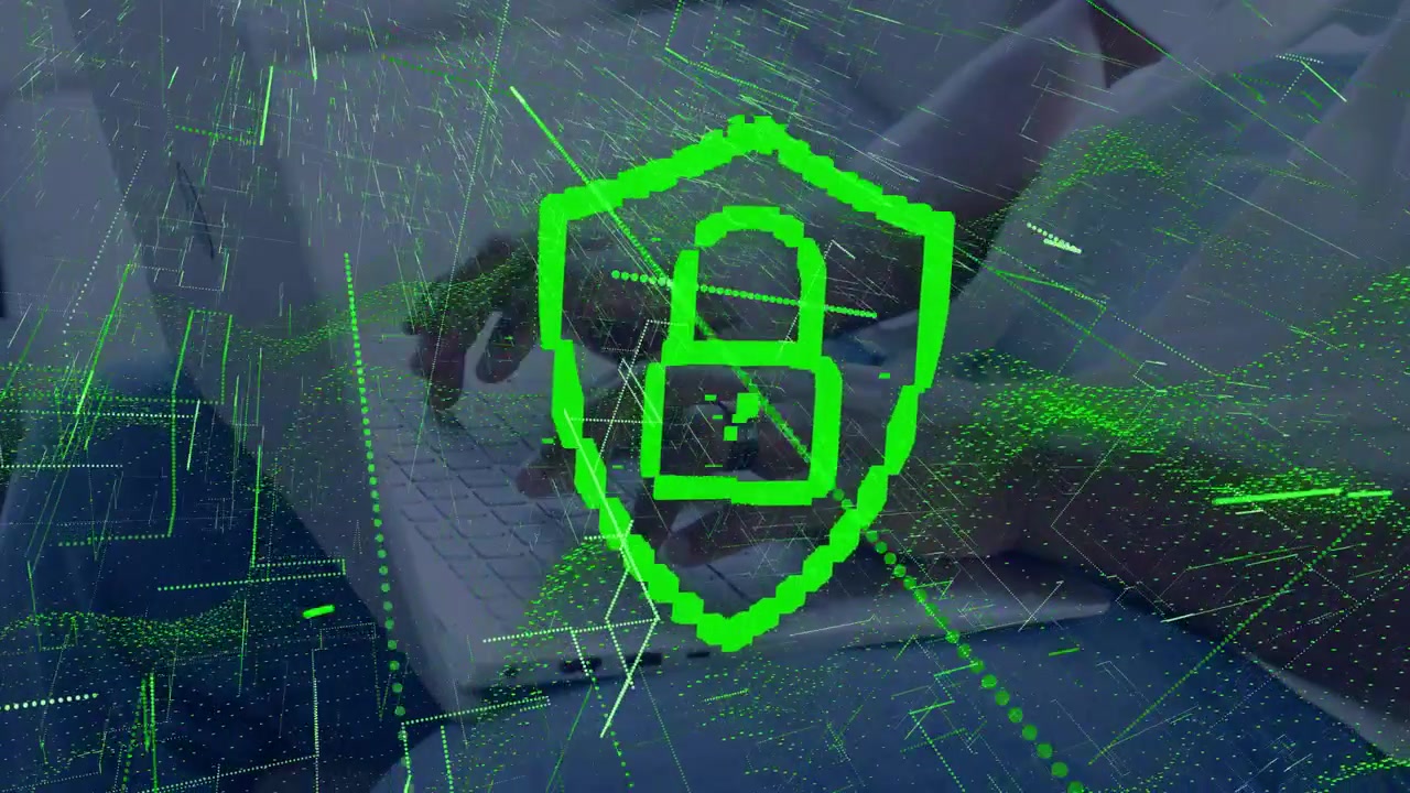 Man typing on laptop, causing green dots and lines forming shield padlock over hands, securing data