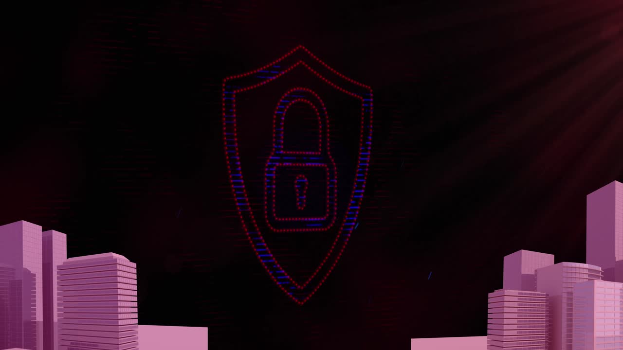Animation of security padlock over cityscape