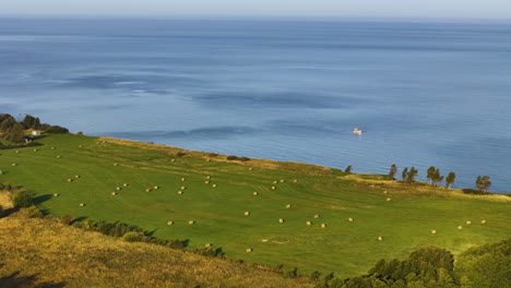 aerial establishing overview of strante ulmale coastline, lush green fields, and winding shorelines in latvia