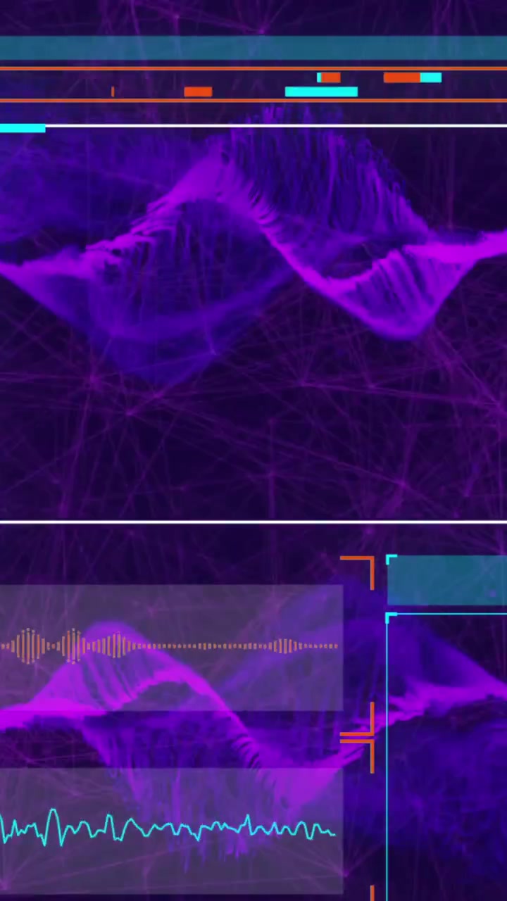 Animazione di interfaccia con elaborazione dati e onda digitale su sfondo viola