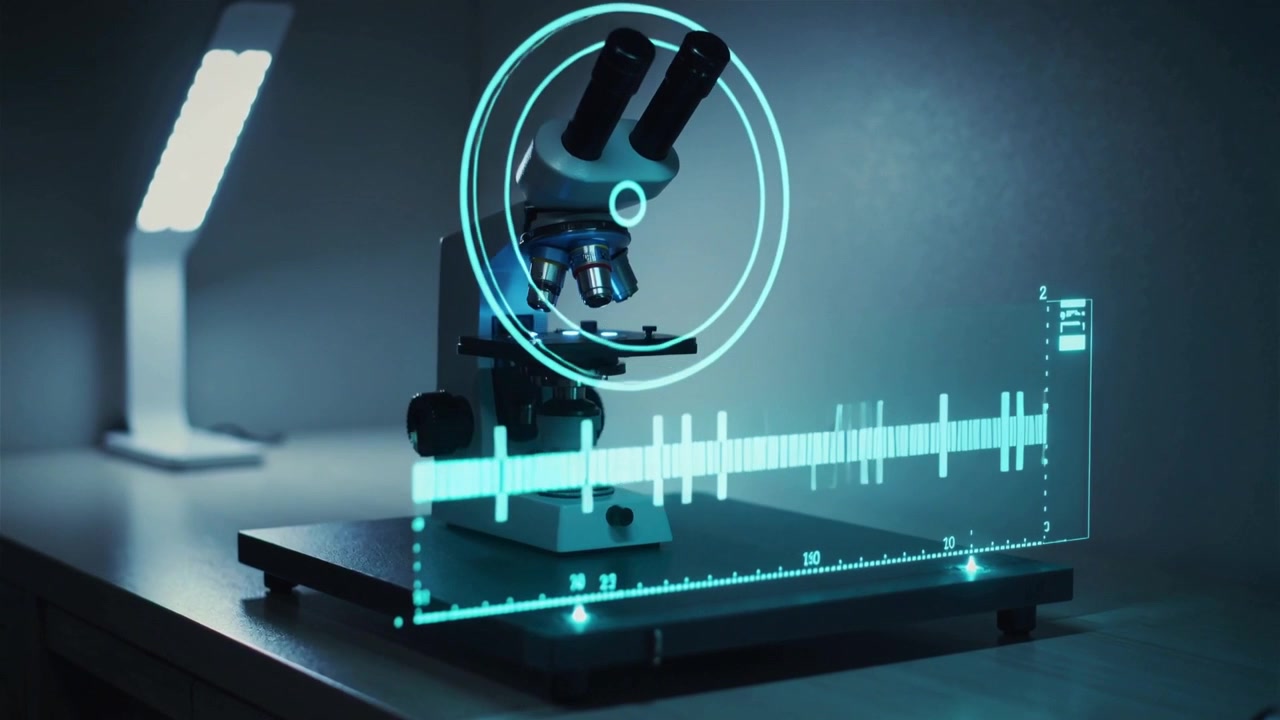 Projicerer et cyan overlay, et bordmikroskop bevæger revolverhovedet på et laboratoriebord under en LED-lampe og scanner.