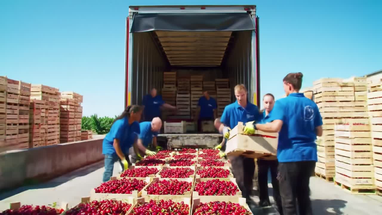 A Productive Day of Harvesting: Workers Efficiently Loading Fresh Cherries into a Truck for Distribution Under Clear Blue Skies