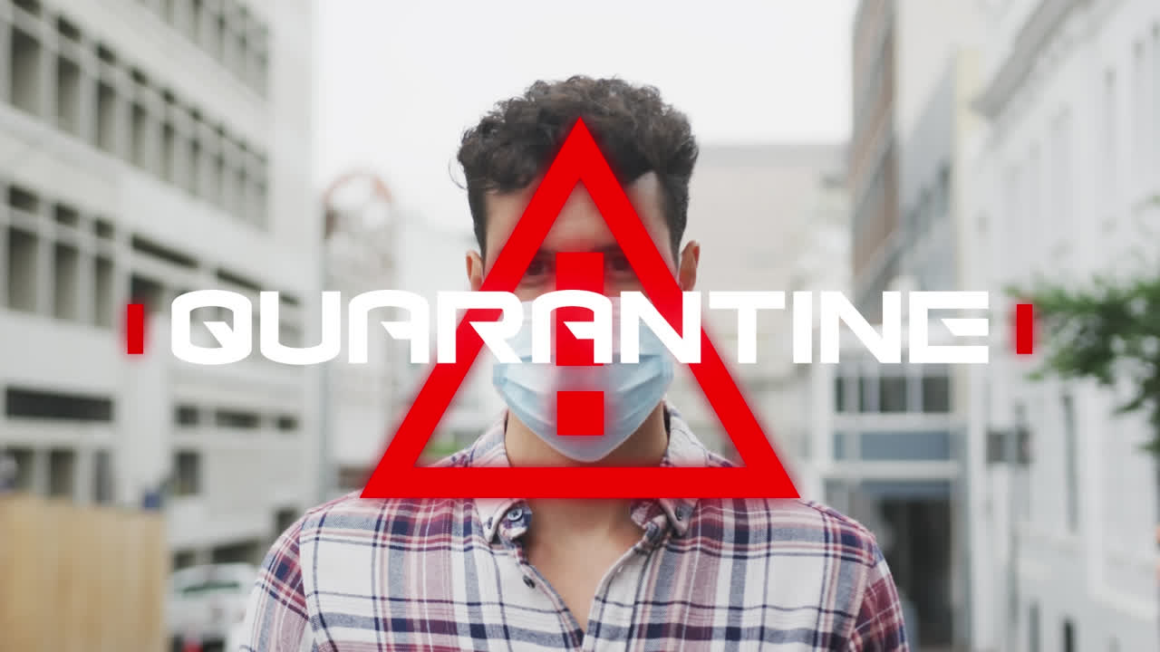 도시 거리에서 얼굴 마스크를 쓴 남자가 있는 삼각형 위의 문자 격리 시설의 애니메이션