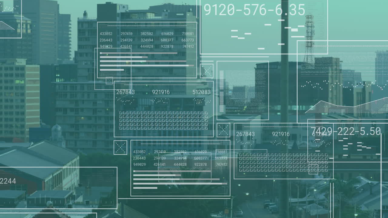 도시 풍경 위의 금융 데이터 처리 애니메이션