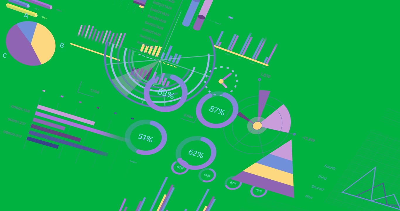 Animation of graphs, charts, statistics and data processing over transparent background