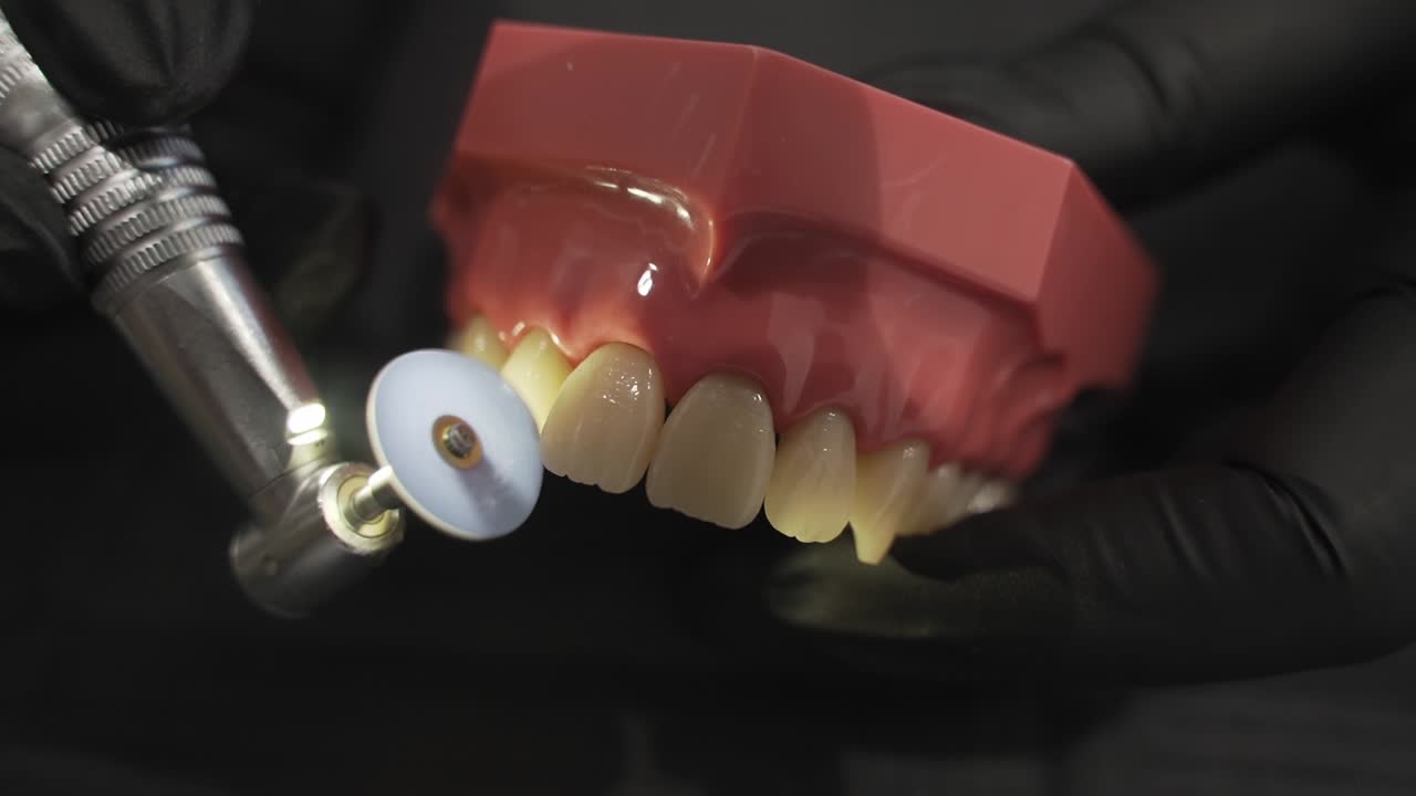 전문적인 치아 폴리싱은 회전 도구로 치아 모델, 치아 관리의 정확성을 보여줍니다.