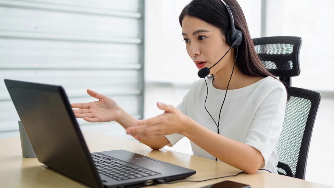 Wanita Asia berkaus putih berbicara sambil memberi isyarat saat panggilan tersambung di meja rumah dengan laptop dan headset berkabel.