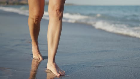 person walking barefoot on a sandy beach at the water's edge