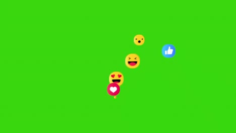 emojis de gráficos en movimiento que muestran múltiples notificaciones de redes sociales gustando y reaccionando al contenido en línea disparado contra la pantalla verde 2