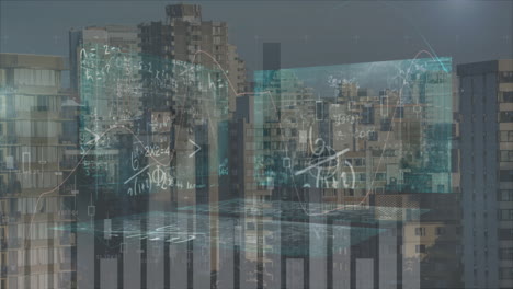animación del procesamiento de datos en pantallas y paisajes urbanos