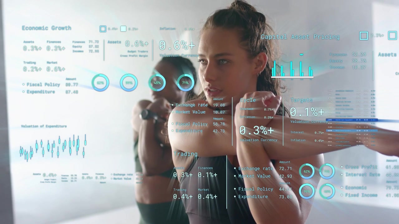 Two women doing fitness shoulder lifts in sync on starting rep HUD charts tracking metrics