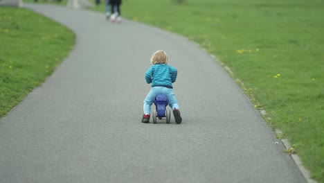 un niño pequeño monta un scooter de retroceso a lo largo del camino de asfalto en el parque