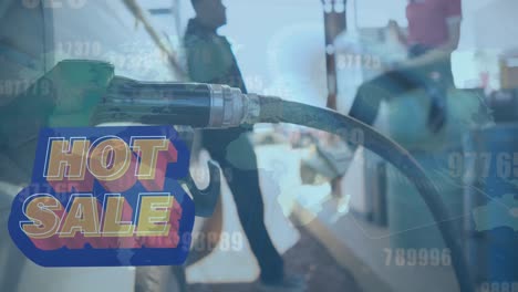 animation of hot sale text and data processing over diverse people fueling car at gas station