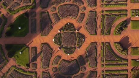 aerial top down approaching view of symmetrical rose gardens at parque tres de febrero, buenos aires, argentina