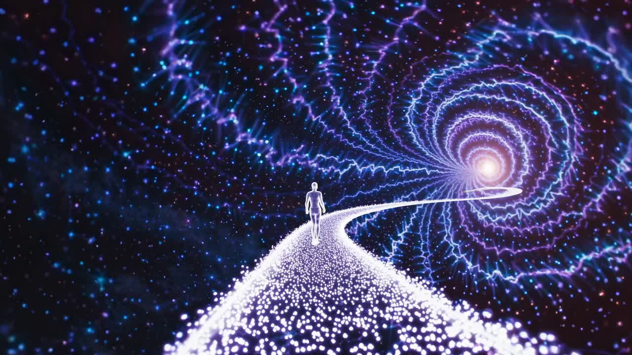 Et videokoncept med en kosmisk rejse, hvor en person går på en glødende sti mod en hvirvel.