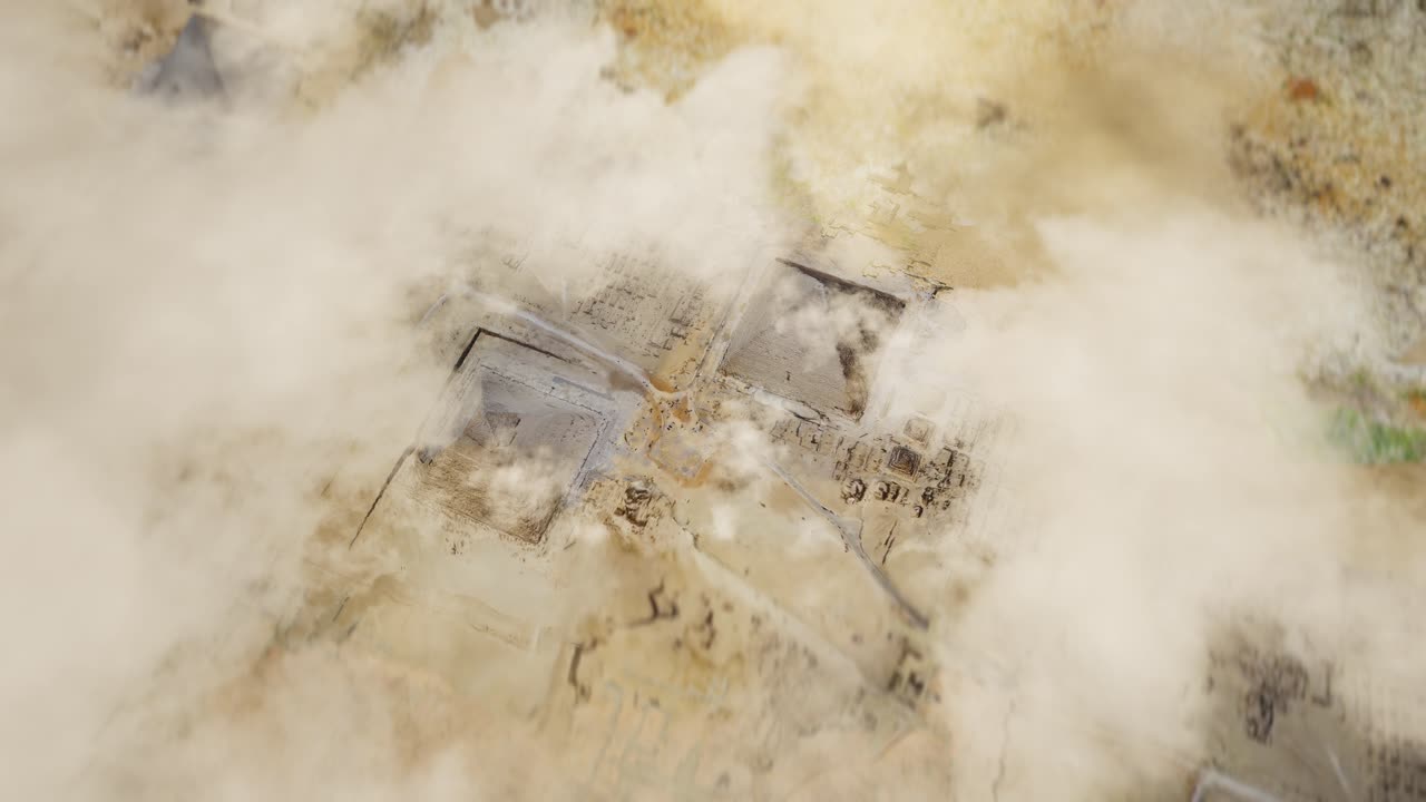 Aerial Shot Of Egyptian Pyramids In Giza Under Moving Clouds. Giza Pyramids Under Clouds